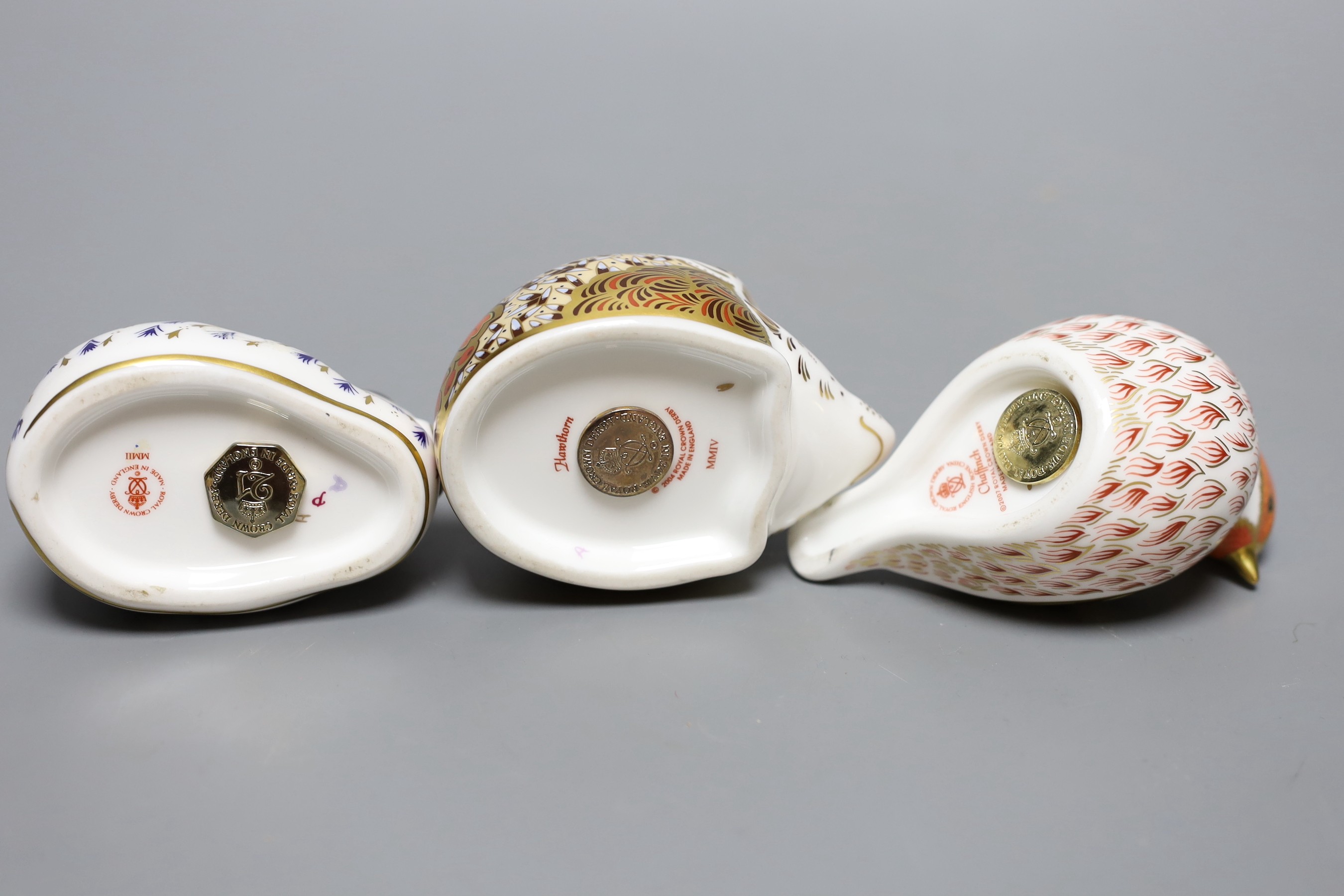 Three Royal Crown Derby paperweights - Limited edition P/W Rabbit, Chaffinch, and Hawthorn, gold stoppers, boxed, no certificates